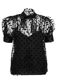 Czarna, przezroczysta bluzka w grochy z krótkimi puffami, wysoką szyją oraz jednolitą czarną warstwą pod spodem. Teksturowany, lekki materiał.