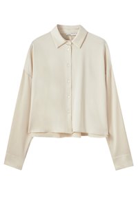 Blusa cropped beige chiaro con chiusura a bottoni, colletto e maniche lunghe. Tessuto liscio con una leggera lucentezza.