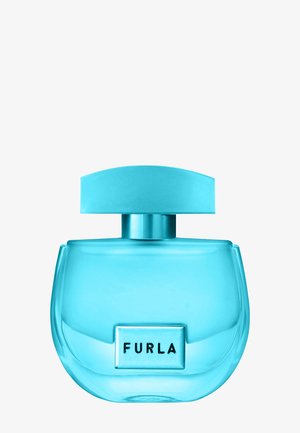 Blaues Furla-Parfümfläschchen mit abgerundeten Kanten und rechteckigem Verschluss vor weißem Hintergrund.