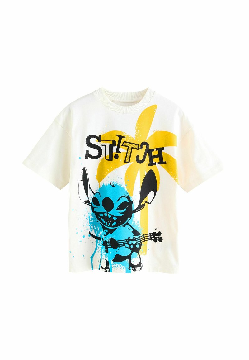 Hvid T-shirt med korte ærmer har et grafisk motiv af en blå tegneseriefigur med sorte konturer, som holder en guitar og er omgivet af gule sprøjt.