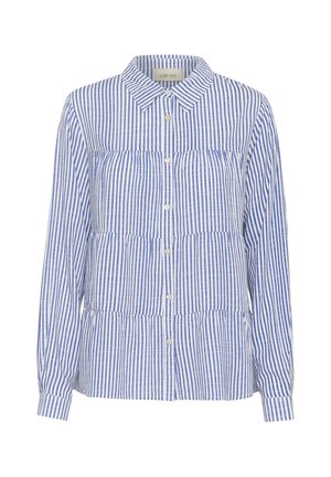 Blusa a righe blu e bianche realizzata in tessuto leggero, con colletto, chiusura frontale a bottoni e dettaglio arricciato all'orlo.