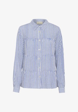 Sinine ja valge triibuline pluus, mis on valmistatud kergest kangast, omades kraega kaelust, nööpidega esiosa ja volangiga detaili allservas.