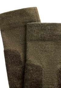 Close-up of brown and olive knit socks showing texture and color variation on a white background.
