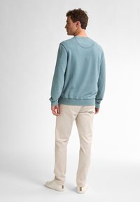 Felpa in cotone blu con scollo rotondo, polsini e orlo a costine. Indossata con pantaloni beige e sneakers chiare, caratterizzata da un'estetica sobria.
