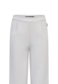 Lichtgrijze op maat gemaakte broek met een zachte textuur, een elastische tailleband en twee voorkruiszakken. Heeft een losse pasvorm voor comfort.