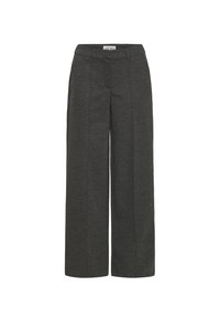 Pantaloni grigi a gamba larga realizzati in tessuto strutturato, con vita a media altezza, pieghe frontali e tasche ai lati. Etichetta del marchio visibile.