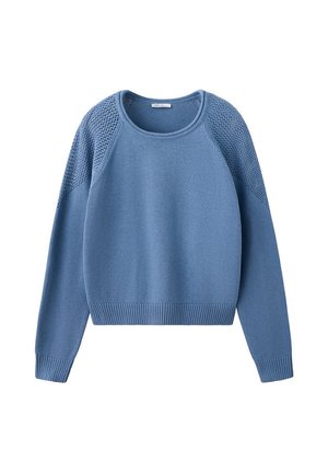 Pull en maille bleu à manches longues avec encolure ronde et détail en maille filet aux épaules et aux bras supérieurs, poignets et ourlet côtelés.