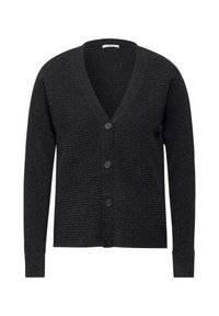 Dunkelgrauer, gerippter Cardigan mit V-Ausschnitt, langen Ärmeln und fünf schwarzen Knöpfen auf der Vorderseite. Weiche Textur und lässige Passform.