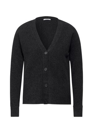 Dunkelgrauer, gerippter Cardigan mit V-Ausschnitt, langen Ärmeln und fünf schwarzen Knöpfen auf der Vorderseite. Weiche Textur und lässige Passform.