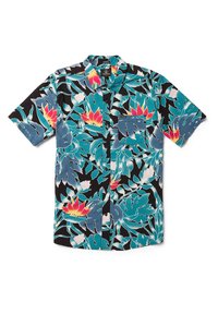 Kortärmad skjorta med knappar som har en svart bakgrund med livliga blommönster i teal, rosa och orange. Inkluderar en bröstficka.