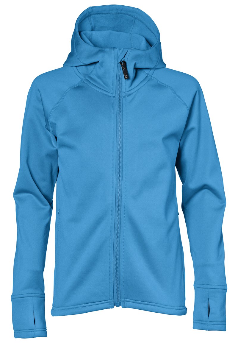 Blå zip-up hoodie lavet af blødt stof; har en hætte, raglanærmer og tommelfingerhuller ved manchetterne, med en glat, mat tekstur.