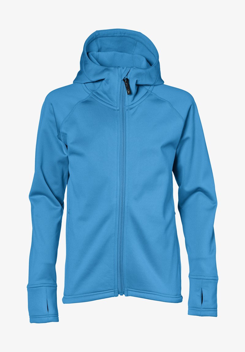 Blå zip-up hoodie lavet af blødt stof; har en hætte, raglanærmer og tommelfingerhuller ved manchetterne, med en glat, mat tekstur.