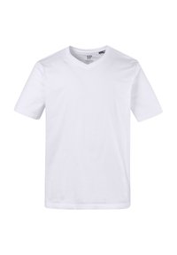 Hvid kortærmet V-hals t-shirt lavet af blød bomuld. Har et enkelt design med en lige kant og ingen mønstre eller dekorationer.