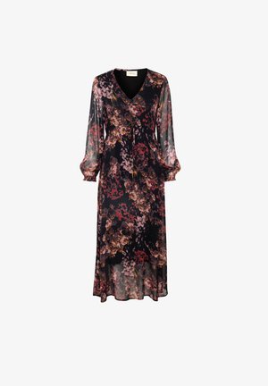 Floral chiffon maxi dress with long, balloon sleeves, V-neckline, cinched waist, and dark background with multicolored floral prints.