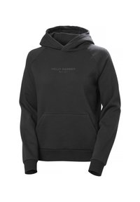 Černá mikina s kapucí vyrobená z bavlněné směsi, s přední kapsou, žebrovanými manžetami a nenápadným potiskem loga 'Helly Hansen'.