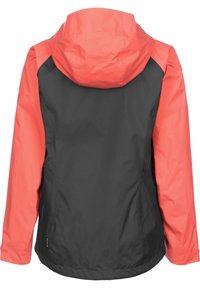 Kurtka przeciwwiatrowa w kolorze czarnym i koralowym, z kapturem, gładką fakturą oraz lekko dopasowanym krojem z kontrastowymi panelami na ramionach.