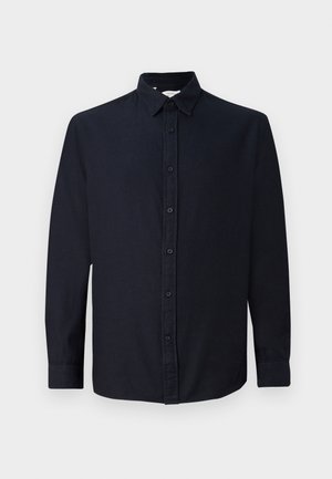 Dark navy blue long-sleeve button-up shirt with collar and cuffs, displayed flat against a plain light background.