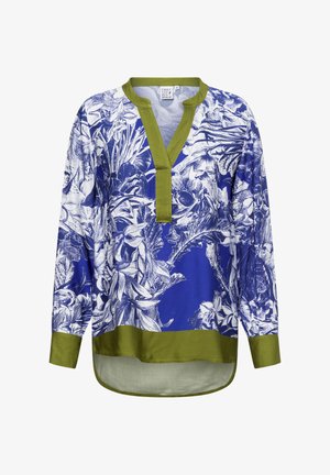 Blaue Bluse mit langen Ärmeln und grünen Akzenten, V-Ausschnitt und abgerundetem Saum. Verfügt über detaillierte botanische Drucke auf einem glatten Stoff.