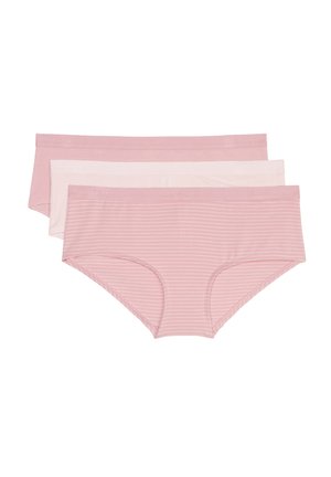 Drie paren vrouwenhipsters in tinten roze, met effen en gestreepte patronen en zachte elastische taillebanden.