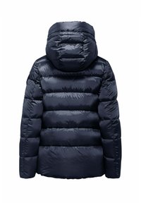 Navyblauwe pufferjack met een capuchon, voorzien van horizontale stiksels, een glanzende afwerking en elastische manchetten. Eenvoudig ontwerp zonder zichtbare hardware.