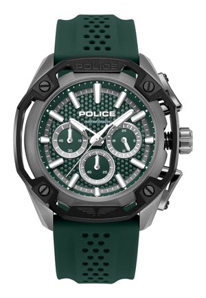 Grøn Police kronografur med honningkage-urskive, tre undermålere, sølvmarkeringer og sort-grå metalramme med grøn perforeret rem.