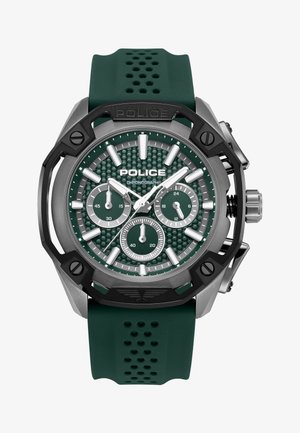 Zelené policajné chronografické hodinky s ciferníkom v tvare medovej plástvy, tromi podciferníkmi, striebornými indexmi a čierno-sivým kovovým rámom s perforovaným zeleným remienkom.