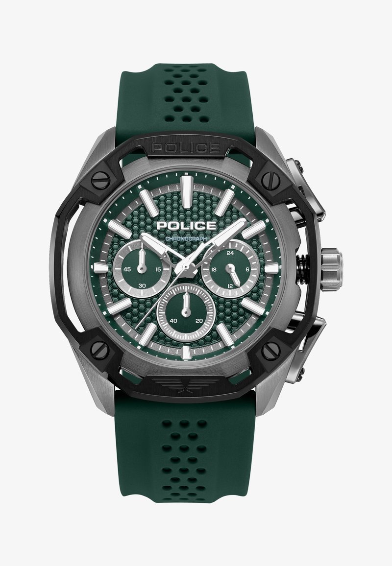 Montre chronographe Police verte avec cadran alvéolé, trois sous-cadrans, index argentés et lunette métallique noir-gris, dotée d'un bracelet perforé vert.