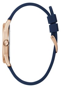 Orologio con cassa in metallo colore rosa oro e cinturino in silicone blu. Il cinturino presenta un accento in silicone e una fibbia in metallo sul lato.