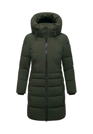 Lang mørkegrønn polstret vinterjakke med høy krage, to sidelommer og glidelås foran.