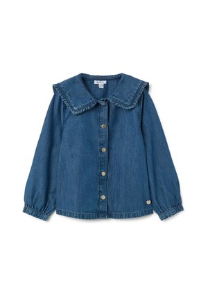 Veste en denim avec un grand col volanté, des manches longues bouffantes et cinq boutons métalliques sur le devant. Couleur bleue, texture douce et détails.