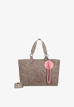 Gray faux leather tote bag with rounded handles, a pink circular tag, and a textured finish. Features visible brand logo on the side.