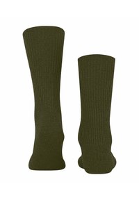 Olivgrüne Baumwollsocken mit gerippter Textur, knielanger Länge und glatter Oberfläche, mit nahtlosem Zehenbereich und verstärktem Absatz.