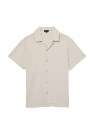 Short-sleeve, light beige button-up shirt with a textured ribbed pattern and a casual collar. Five buttons down the front.