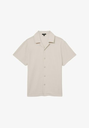 Srajca s kratkimi rokavi, svetlo bež barve, z gumbom in teksturiranim rebrastim vzorcem ter sproščenim ovratnikom. Pet gumbov na sprednji strani.