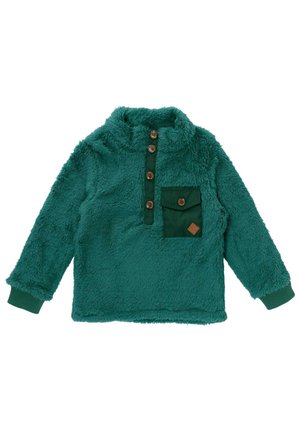Pull polaire vert à manches longues avec patte de boutonnage et poche poitrine avec un bouton et un petit patch logo.