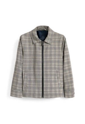 Szara kraciasta kurtka na zamek z kołnierzem, długimi rękawami i dwoma przednimi kieszeniami, rozłożona płasko na białym tle.