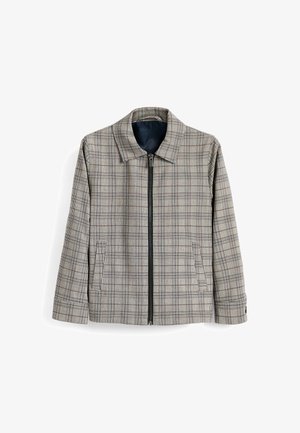 Szara kraciasta kurtka na zamek z kołnierzem, długimi rękawami i dwoma przednimi kieszeniami, rozłożona płasko na białym tle.