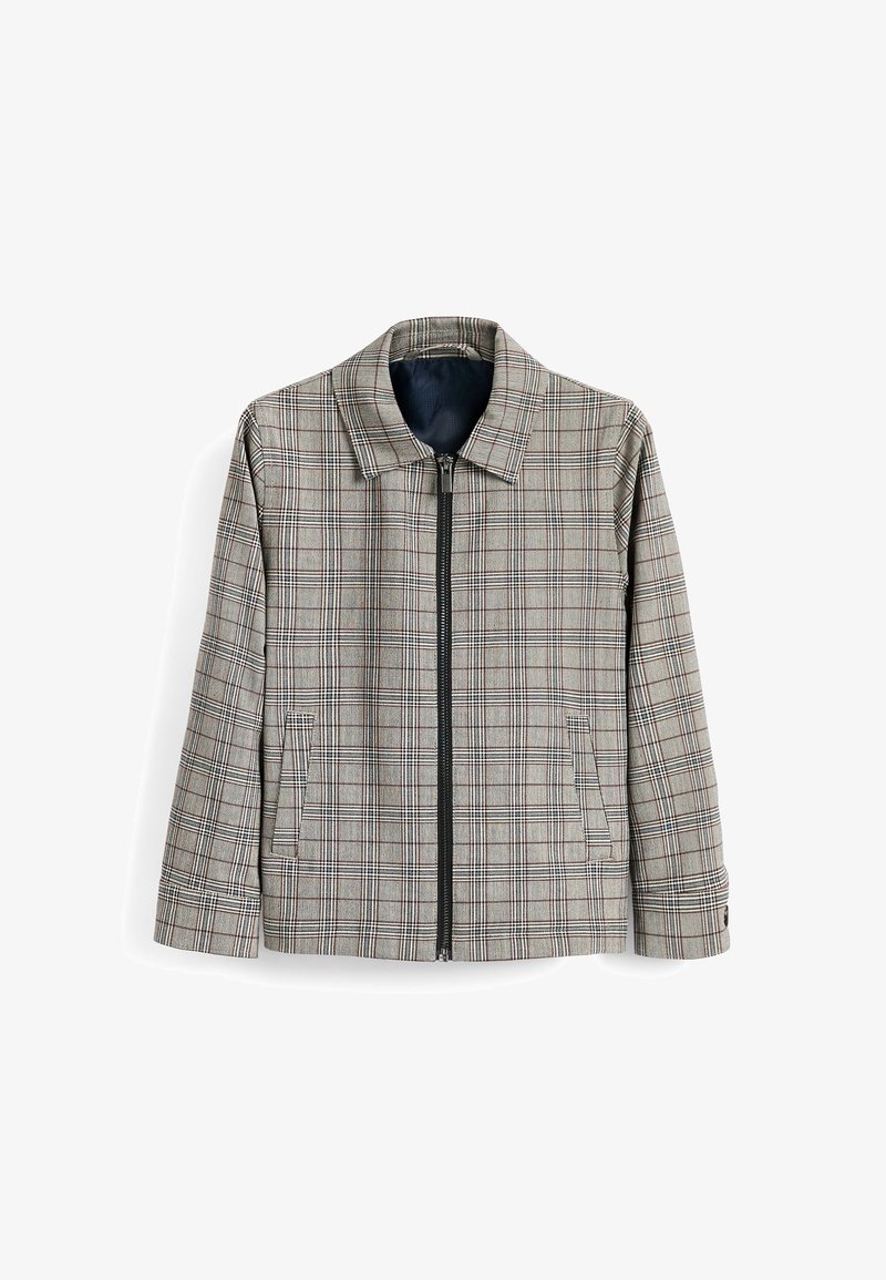 Veste zippée à carreaux gris avec col, manches longues et deux poches frontales, posée à plat sur un fond blanc.