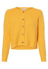 Gelber gerippter Cardigan mit Rundhalsausschnitt, fünf metallischen Knöpfen und taillierter Passform. Weicher Stoff und lange Ärmel.
