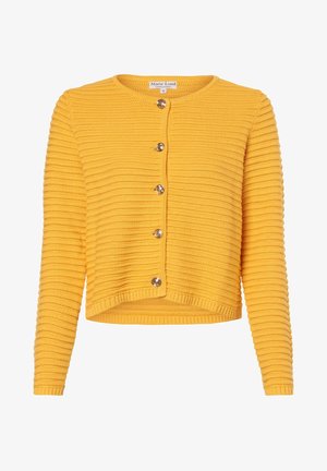 Cardigan jaune côtelé avec un col rond, cinq boutons en métal et une coupe courte. Texture douce et manches longues.