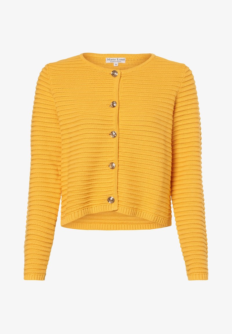 Gelber gerippter Cardigan mit Rundhalsausschnitt, fünf metallischen Knöpfen und taillierter Passform. Weicher Stoff und lange Ärmel.