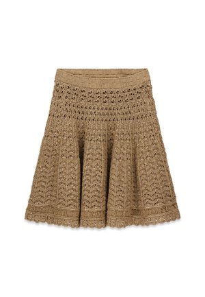 Falda de punto beige en línea A con patrón calado intrincado, cintura elástica y dobladillo con borde ondulado.