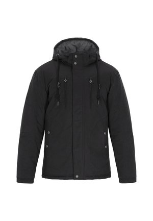 Zwarte geïsoleerde jas met capuchon, twee met rits afsluitbare borstzakken en drukknoopdetails. Gemaakt van duurzame stof met een gladde textuur.