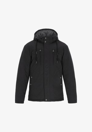 Veste isolante noire dotée d'une capuche, de deux poches poitrine zippées et de détails à bouton-pression. Fabriquée en tissu durable avec une texture lisse.