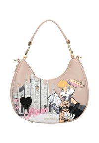 Borsa sintetica rosa con design curvo, con coniglio fumetto, scritta "Milano" e grafica del Duomo di Milano. Arricchita da dettagli in metallo dorato.