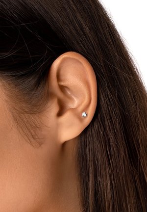 Orecchino a chiodo in argento con una pietra di zirconia cubica trasparente, incastonata in un semplice bezel rotondo. Indossato in un lobo d'orecchio perforato con i capelli scuri parzialmente visibili.