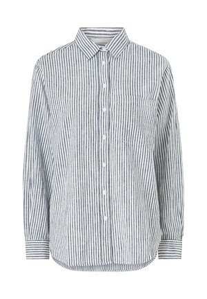 Camisa de botones a rayas en azul claro y blanco. Hecha de tela tejida, presenta un cuello, mangas largas y un bolsillo en el pecho.
