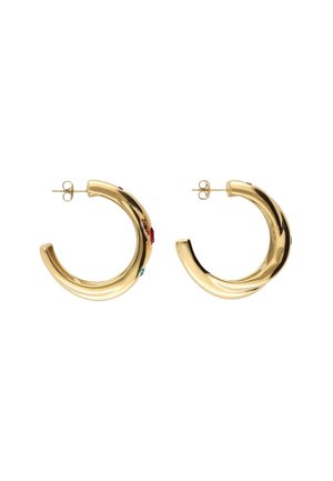 Boucles d'oreilles en or avec un design tordu, ornées de petites accents en pierres précieuses colorées, maintenues par des fermoirs à tige.