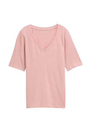 Svetlo roza kratkotrajna majica z V-izrezom, izdelana iz mehke, teksturirane tkanine. Ima sproščen kroj in preprost dizajn brez dodatnih podrobnosti.