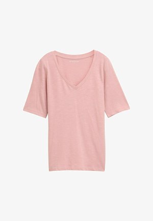 Lichtroze T-shirt met korte mouwen en V-hals, gemaakt van een zachte, gestructureerde stof. Heeft een losse pasvorm en een eenvoudig ontwerp zonder extra details.